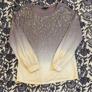 INC International Concepts Taupe to Cream Ombre Long-Sleeve Top with Rhinestones